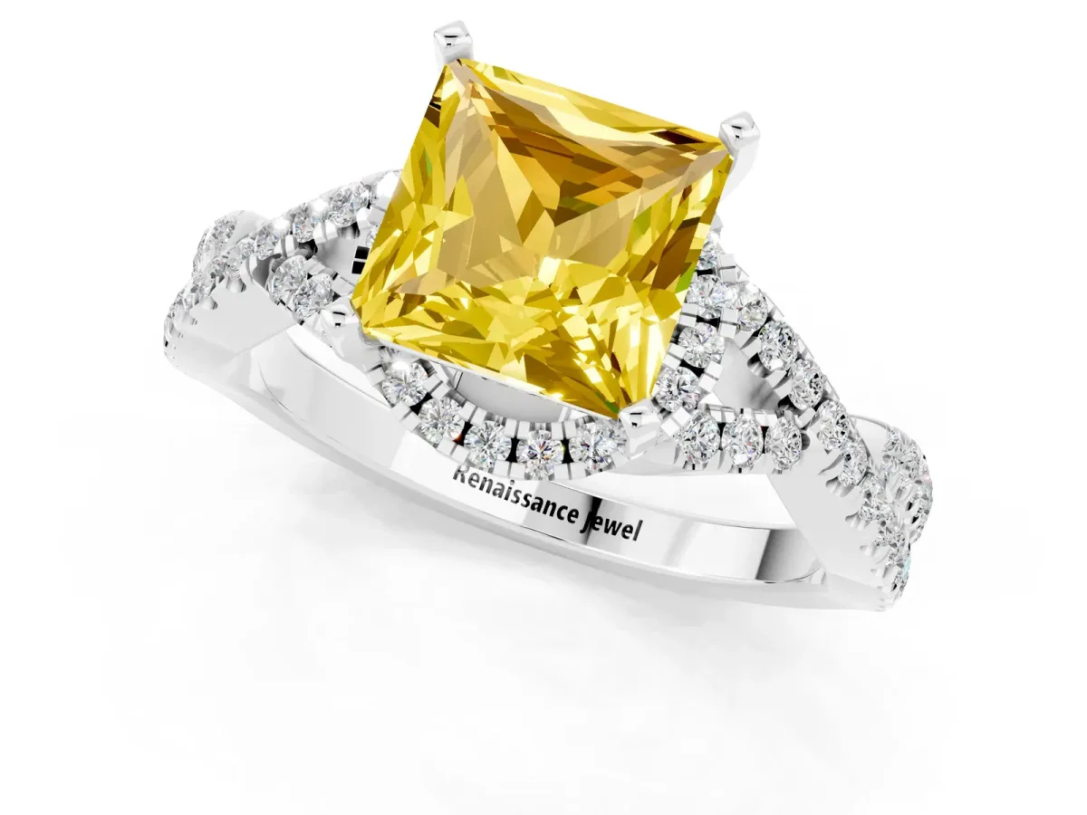 Princess Cut Yellow Sapphire Halo Twist Band Solitaire Prong Setting Ring White gold