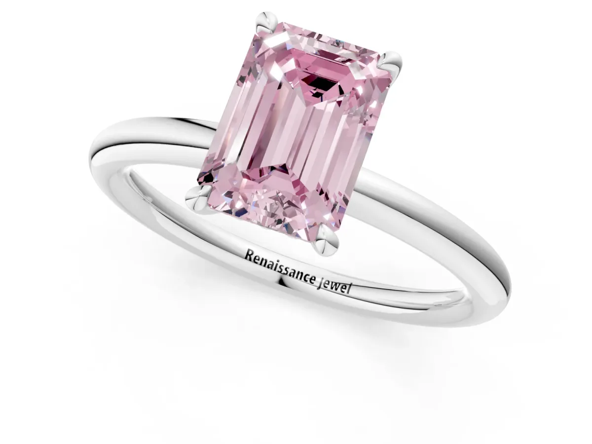 Fancy Pink Emerald Cut Diamond Solitaire Ring with Thin Band and Four-Prong Setting White gold