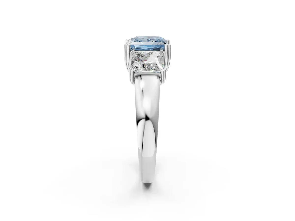 Fancy Blue Three-Stone Princess Cut Cut Diamond Ring with Channel Set Band and Four-Prong Setting Silver