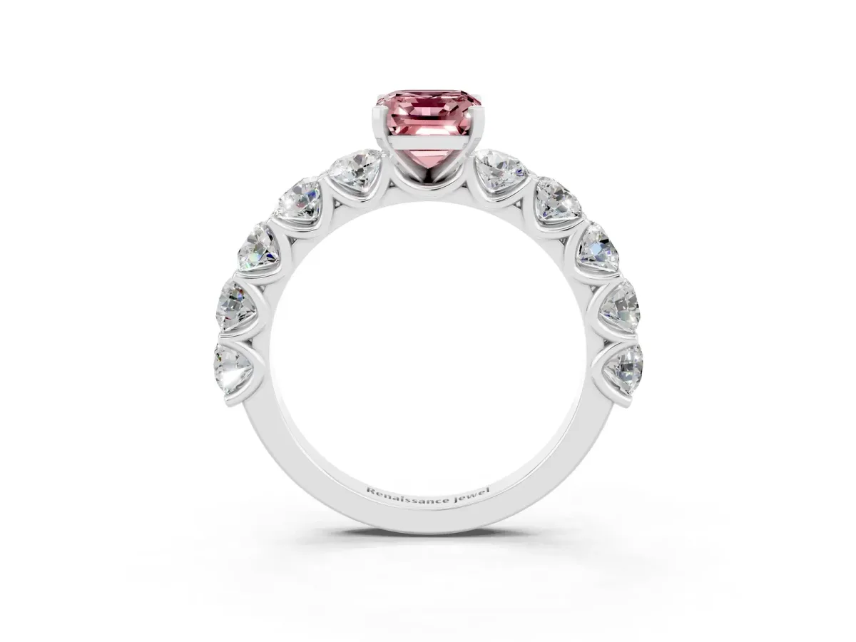 Emerald Cut Morganite Prong Setting with Side Stones on a Pave Band Silver