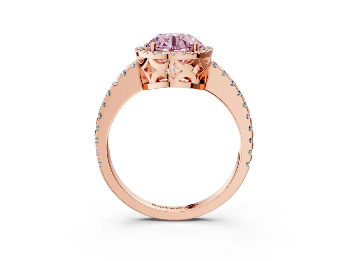 Fancy Pink Round Cut Diamond Halo Engagement Ring with Pavé Band and Prong Setting Rose gold