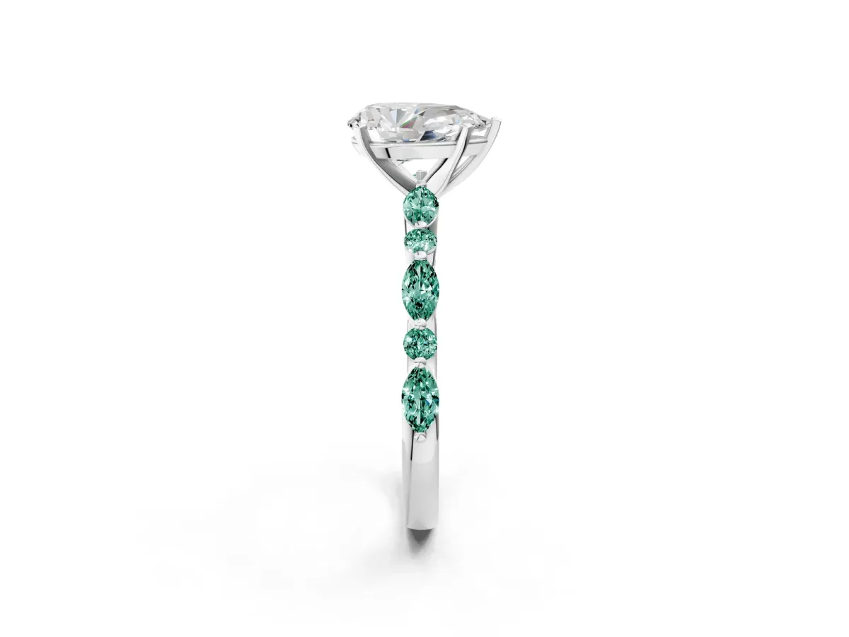 Pear Cut Diamond Ring with Marquise and Round Green Sapphire Side Stones and Four-Prong Setting White gold