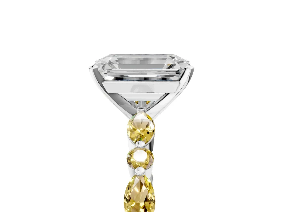 Emerald Cut Diamond Ring with Marquise and Round Yellow Sapphire Side Stones and Four-Prong Setting White gold