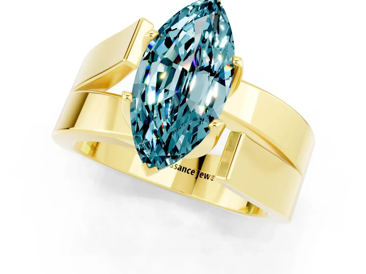 Modern Tension Set Marquise Cut Blue Topaz Solitaire Wide Band Ring Yellow gold