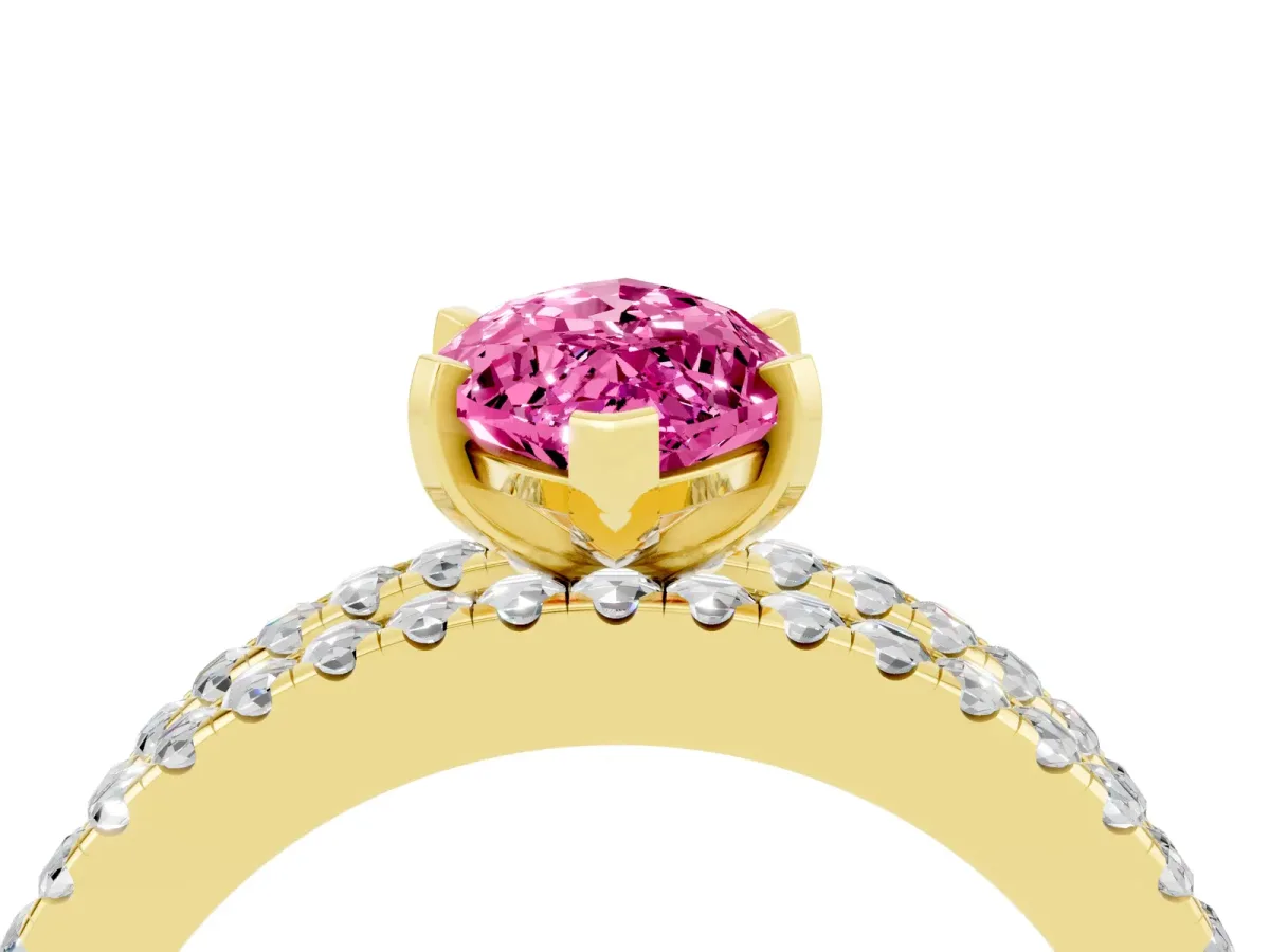 Marquise Cut Pink Sapphire Solitaire Ring with Pavé and Channel Set Band Yellow gold