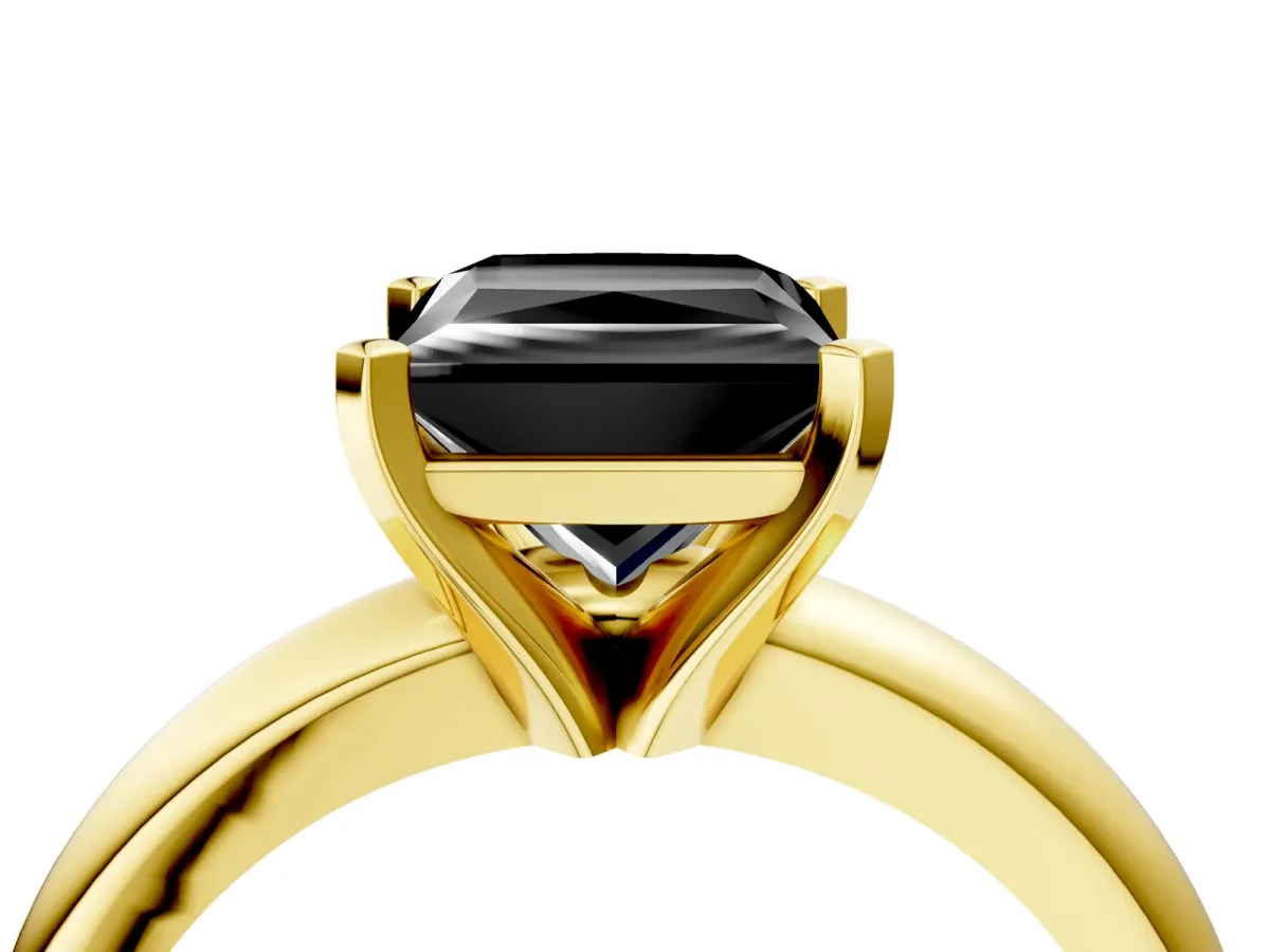 Fancy Black Princess Cut Diamond Solitaire Engagement Ring with Round Band and Four-Prong Setting Yellow gold
