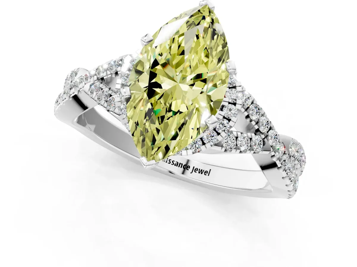 Fancy Yellow Marquise Cut Diamond Halo Twist Band Solitaire Prong Setting Ring White gold