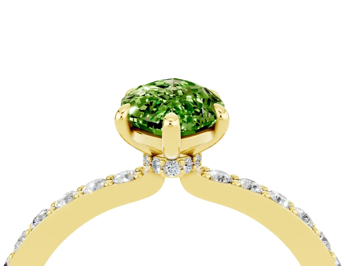Marquise Cut Peridot Solitaire Engagement Ring with Pavé Band and Four-Prong Setting Yellow gold