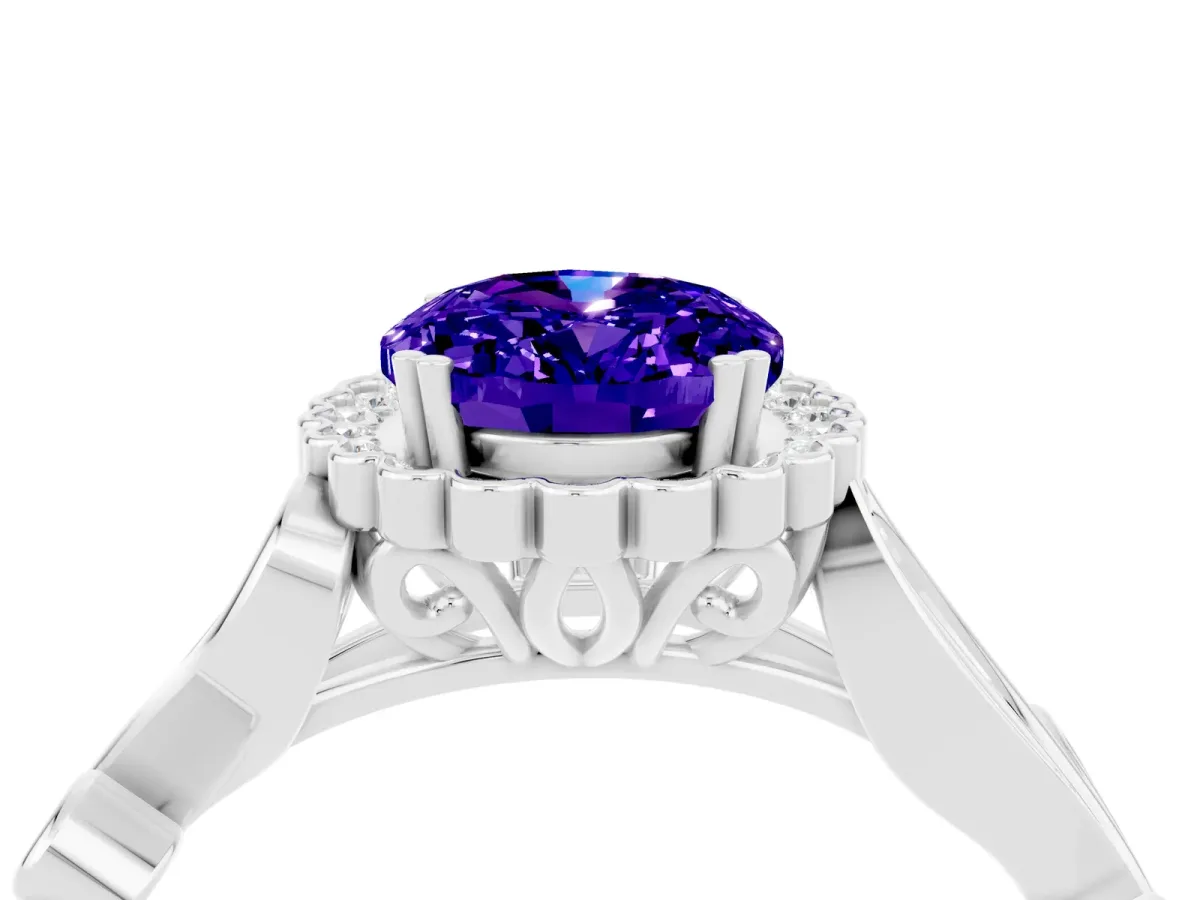 Oval Cut Tanzanite Halo Ring with Vintage Split Shank and Four-Prong Setting Silver