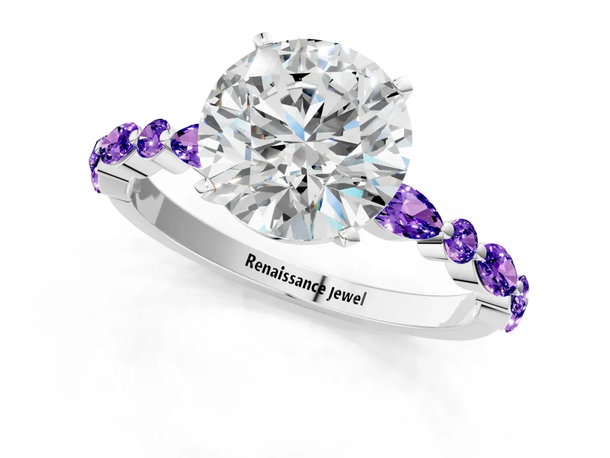 Round Cut Diamond Ring with Marquise and Round Tanzanite Side Stones and Four-Prong Setting White gold