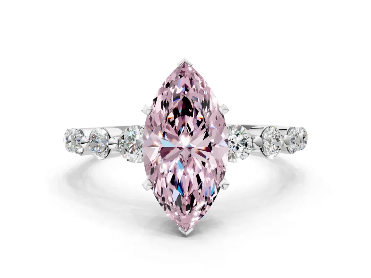 Fancy Pink Marquise Cut Solitaire Diamond Ring with Pave Band and Four-Prong Setting Silver