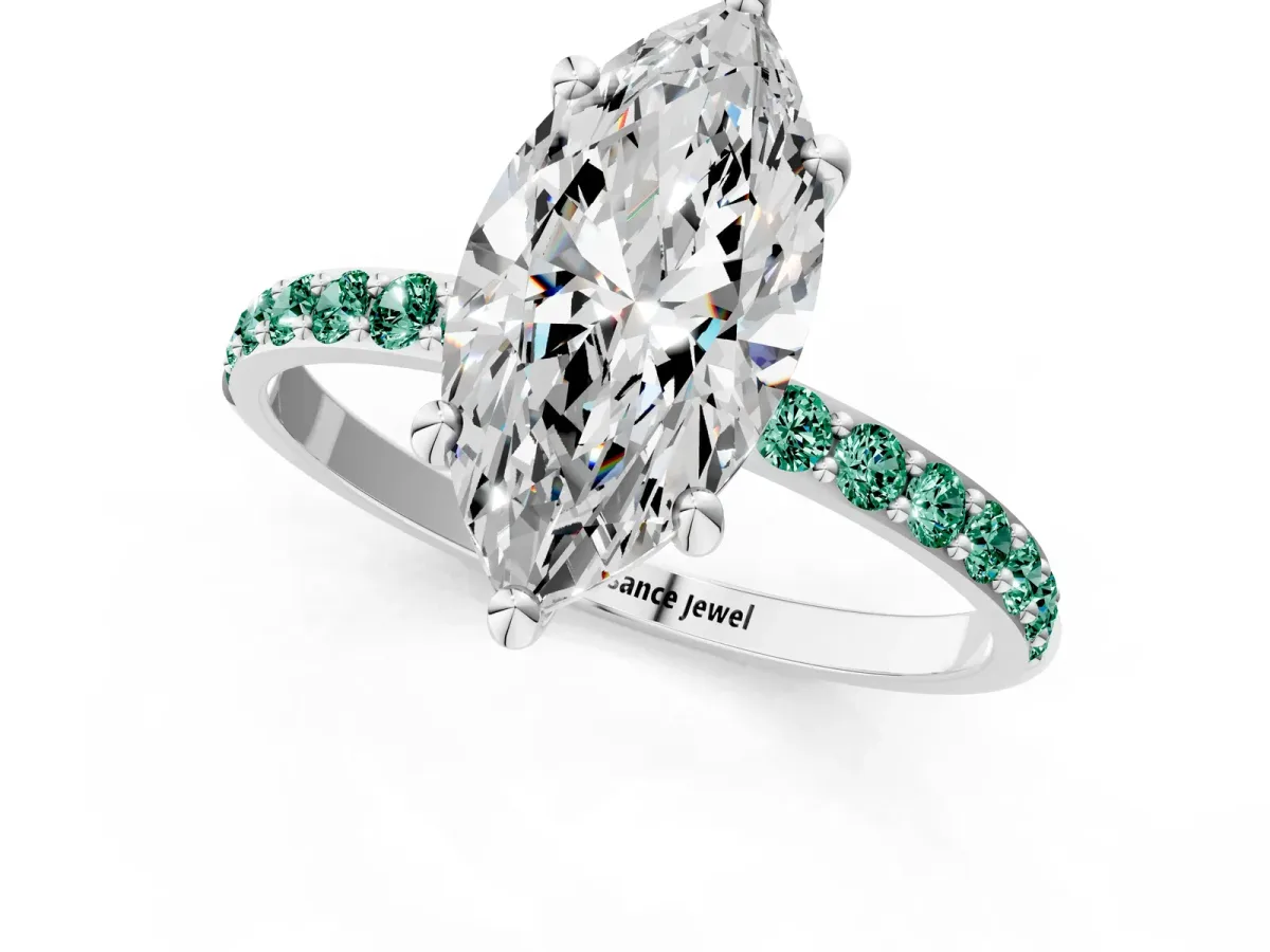 Marquise Cut Diamond Solitaire Ring with Round Green Sapphire Pavé Band and Prong Setting White gold