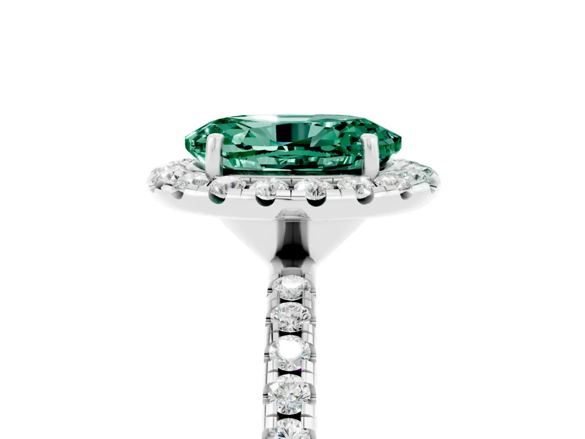 Oval Cut Green Sapphire Halo Ring with Round Pavé Band and Prong Setting White gold