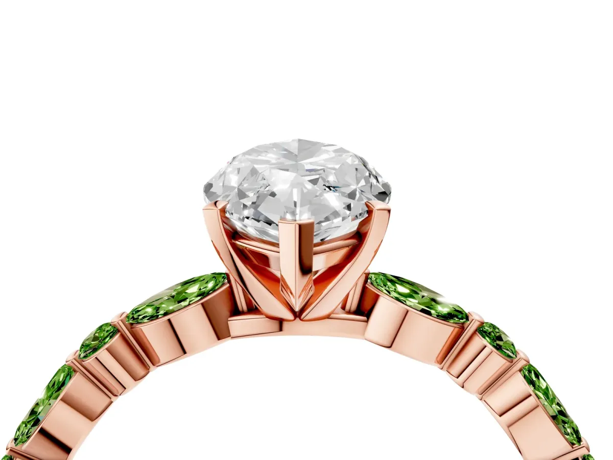 Marquise Cut Diamond Ring with Marquise and Round Peridot Side Stones and Four-Prong Setting Rose gold