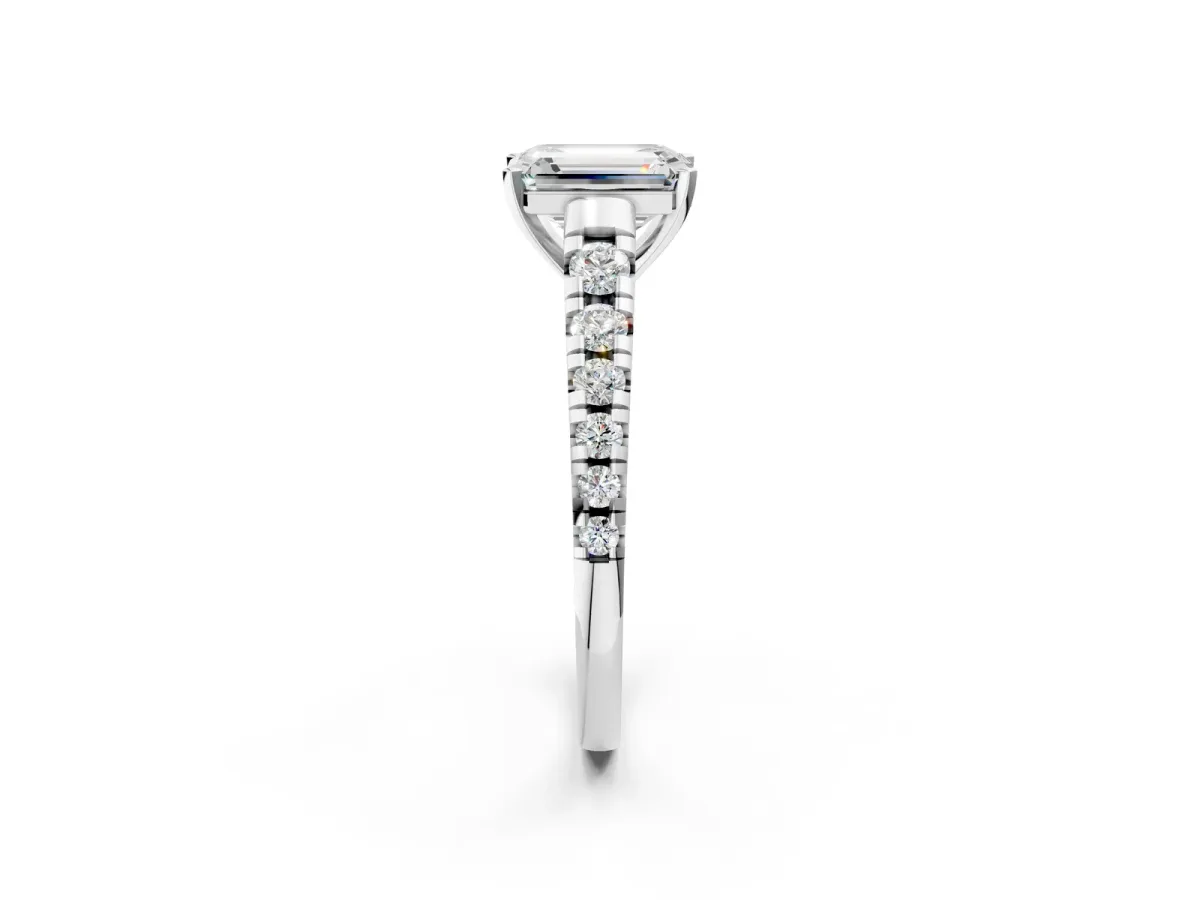 Emerald Cut Diamond Cathedral Solitaire Ring with Round Moissanite Pavé Band Platinum