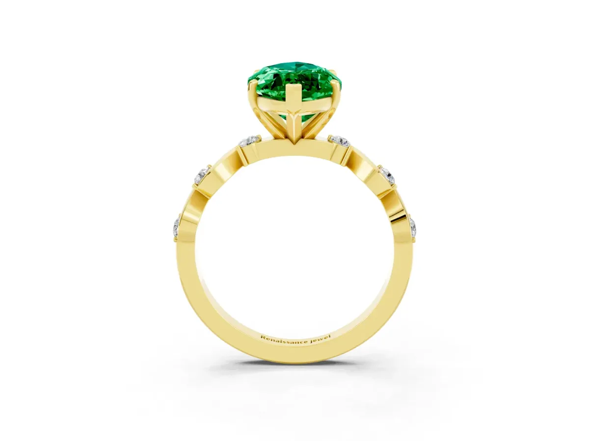 Marquise Cut Emerald Solitaire Twisted Band with Round Accents and Prong Setting Yellow gold