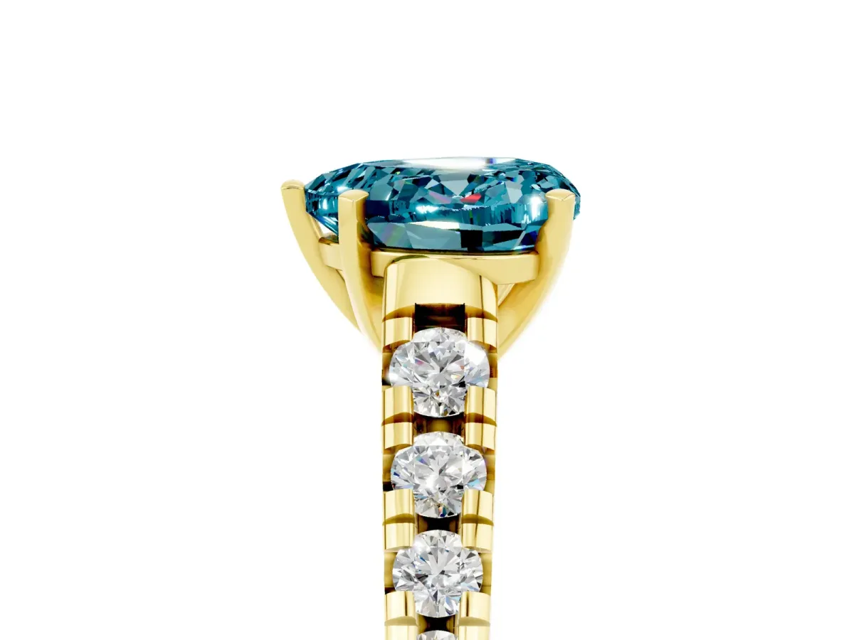 Heart Cut Blue Topaz Cathedral Solitaire Ring with Round Pavé Band Yellow gold