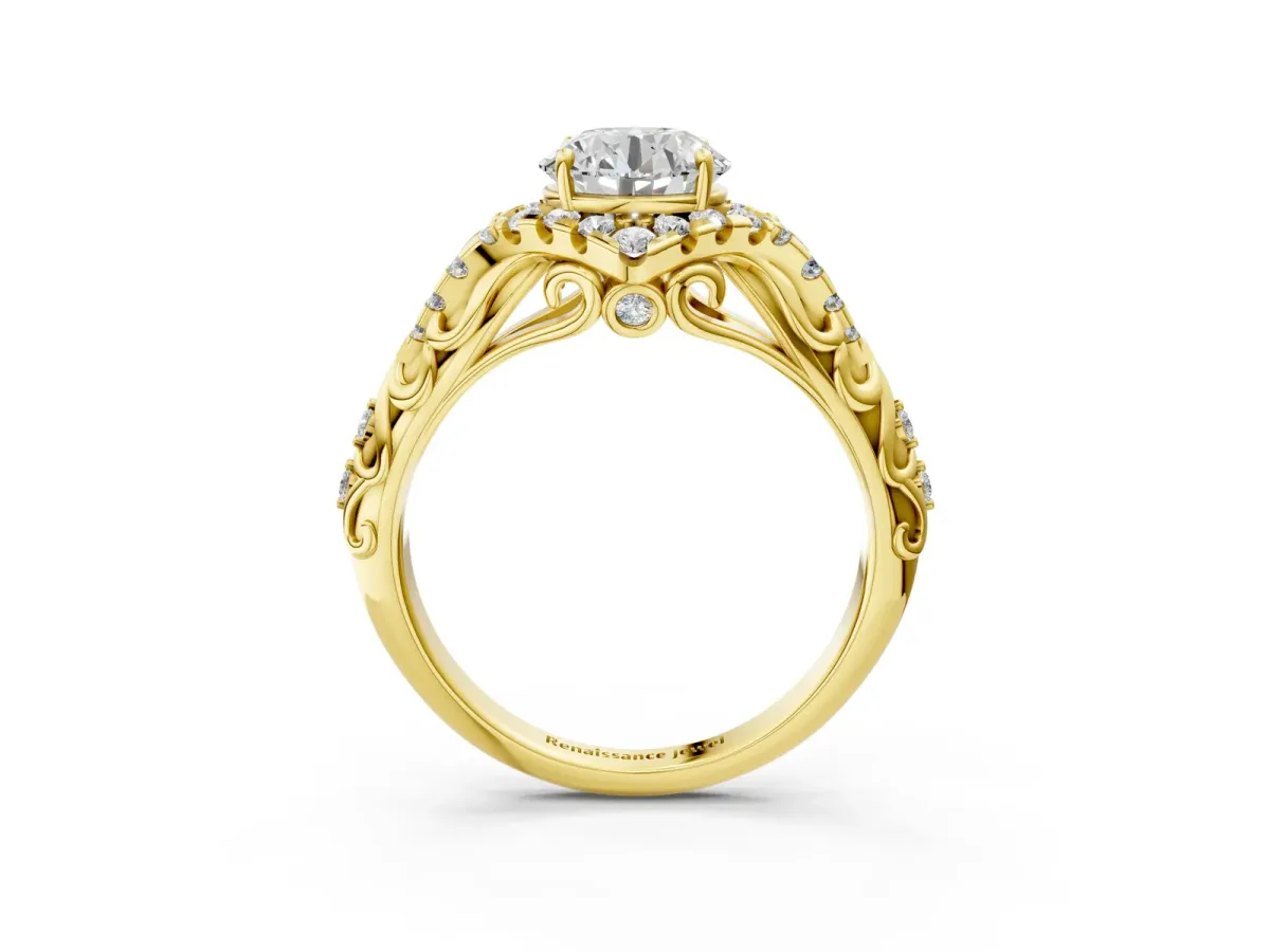 Round Cut Diamond Solitaire Ring with Hidden Halo and Pavé Band Yellow gold