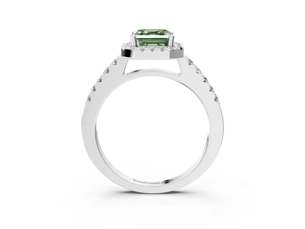 Fancy Green Asscher Cut Halo Diamond Pavé Solitaire Ring Silver