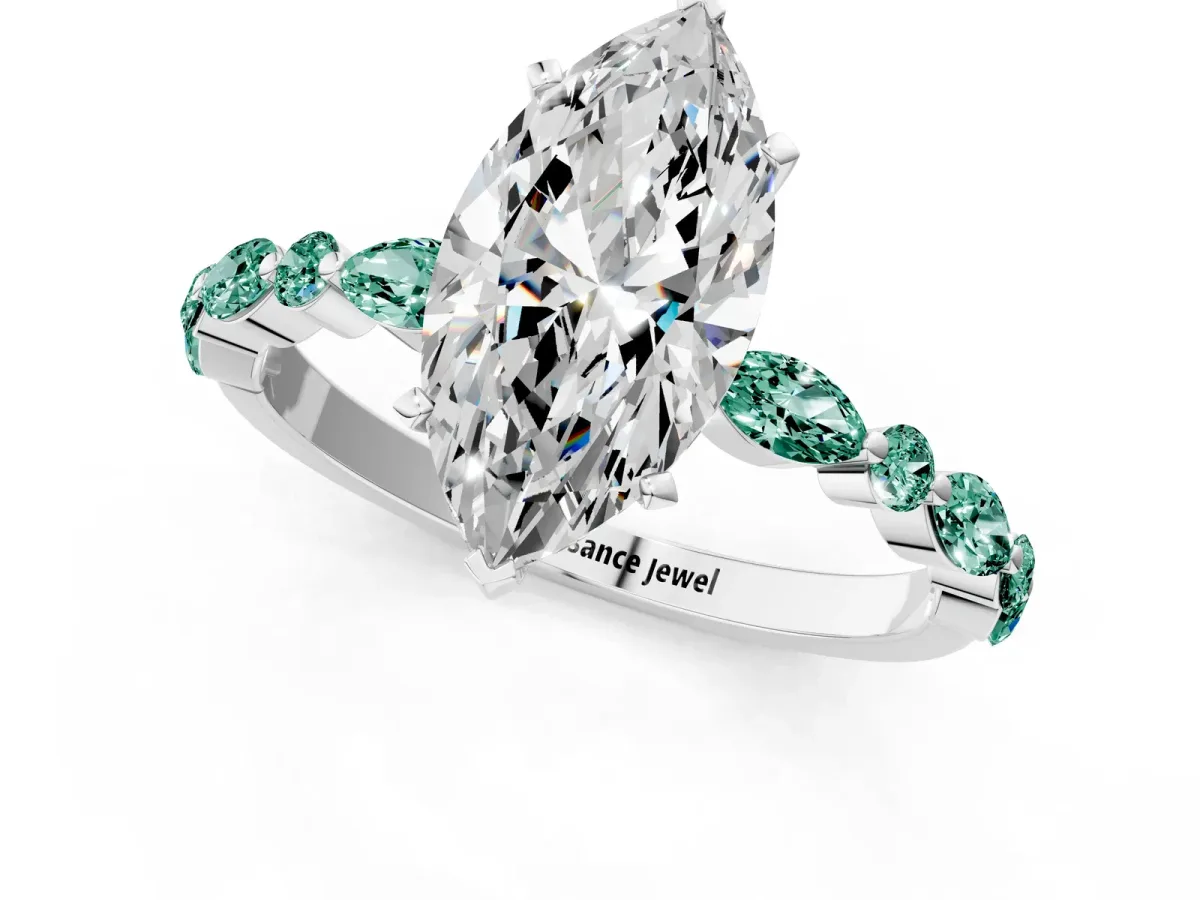 Marquise Cut Diamond Ring with Marquise and Round Green Sapphire Side Stones and Four-Prong Setting Platinum