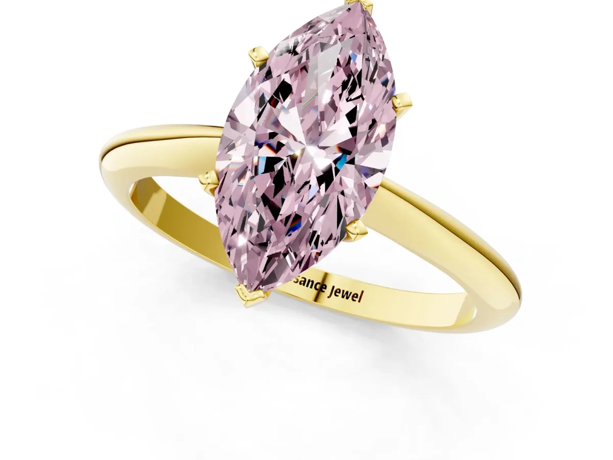 Fancy Pink Marquise Cut Diamond Solitaire Engagement Ring with Classic Band and Four-Prong Setting Yellow gold