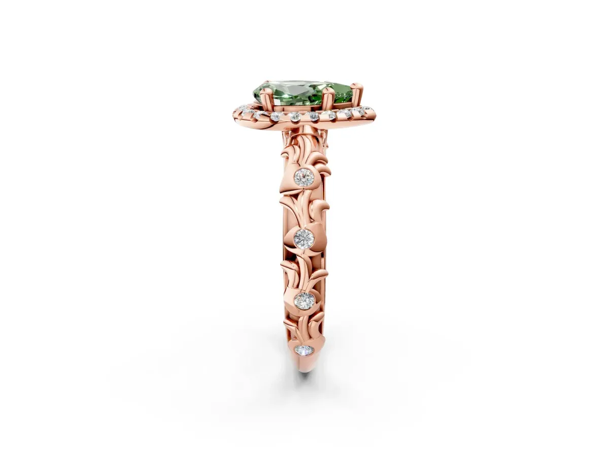 Fancy Green Pear Cut Diamond Halo Ring with Filigree Band and Prong Setting Rose gold