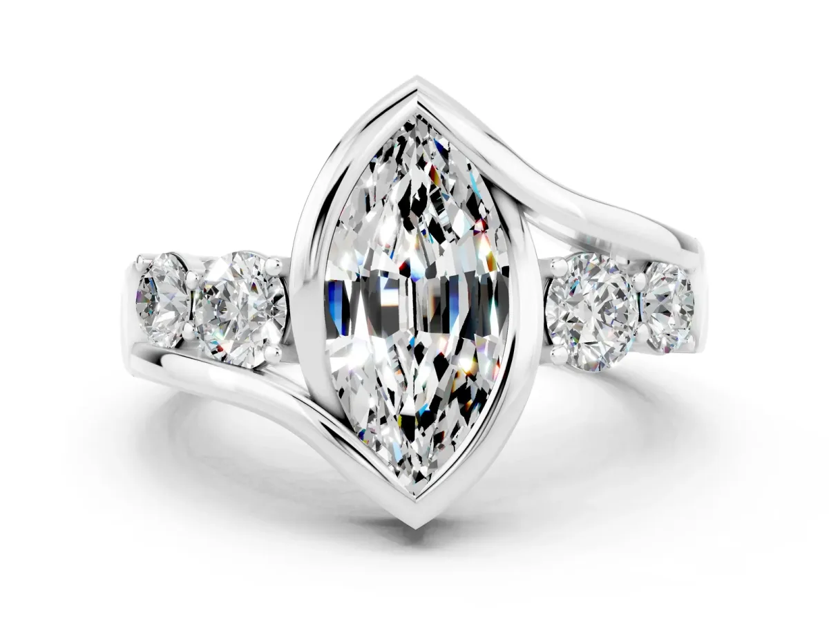 Bezel Set Marquise Cut Moissanite Bypass Ring with Round Accents Platinum