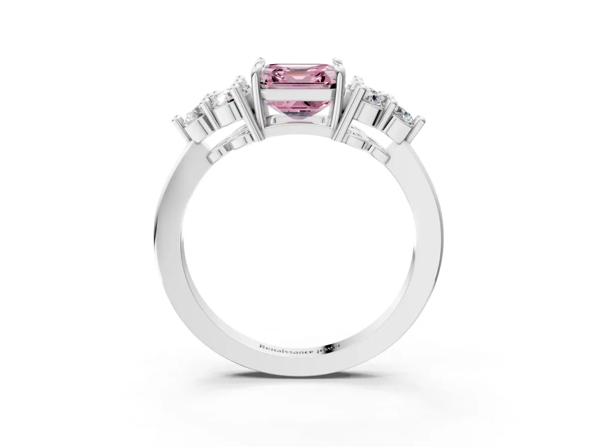 Fancy Pink Asscher Cut Brilliant Diamond Cluster Accent Solitaire Ring with Prong Setting Platinum