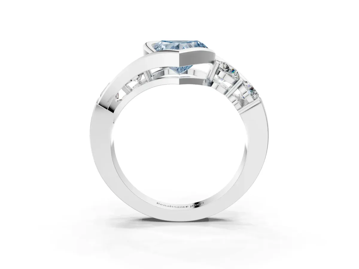 Fancy Blue Bezel Set Heart Cut Diamond Bypass Ring with Round Accents Silver