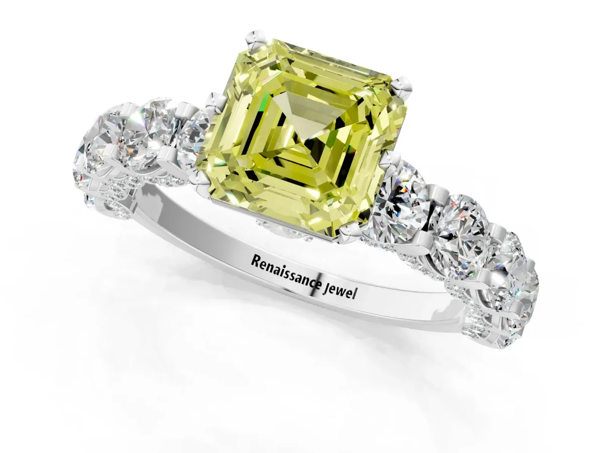 Fancy Yellow Asscher Cut Diamond Side Stone Engagement Ring with Four-Prong Setting Silver
