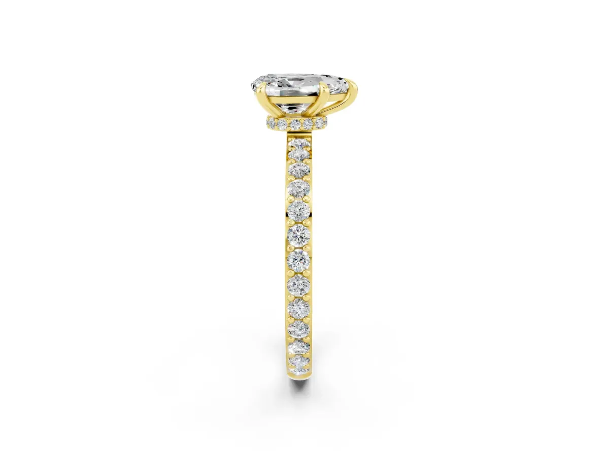 Pear Cut Moissanite Solitaire Engagement Ring with Pavé Band and Four-Prong Setting Yellow gold