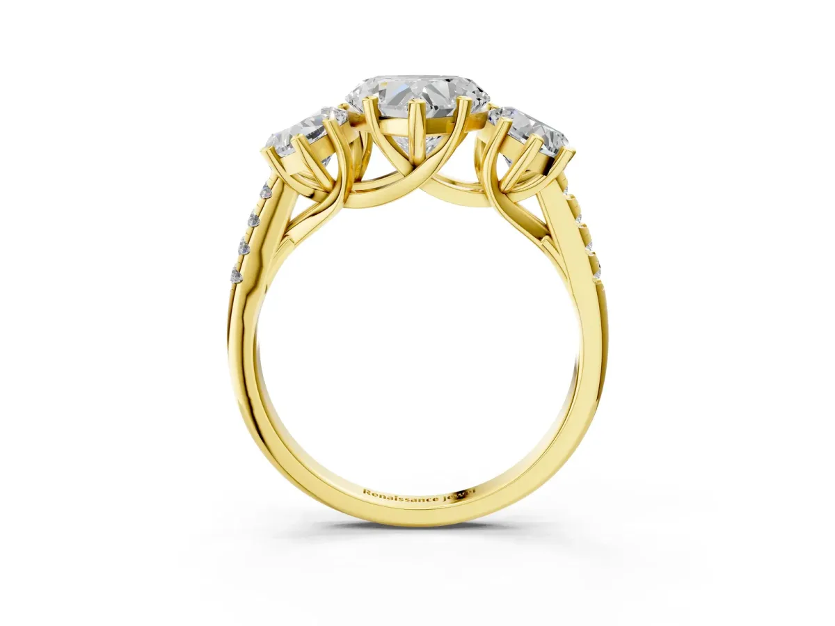 Fancy Green Three-Stone Heart Cut Diamond Ring with Round Pavé Band and Prong Setting Yellow gold