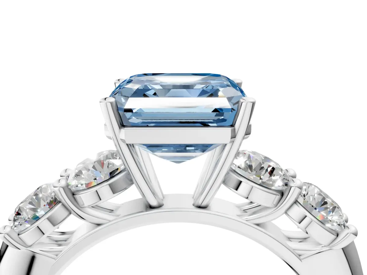 Fancy Blue Asscher Cut Cut Five-Stone Prong Set Diamond Ring with Classic Band Platinum