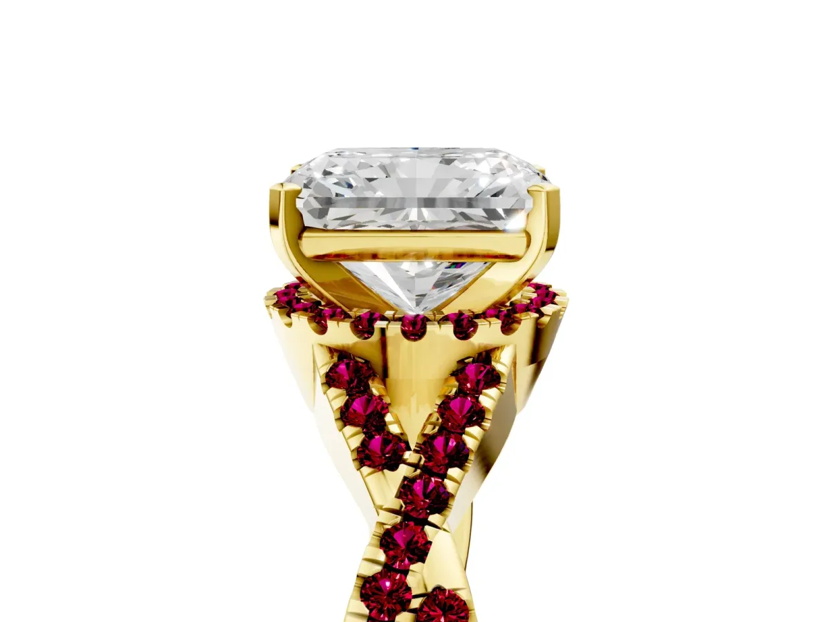 Radiant Cut Diamond Garnet Halo Twist Band Solitaire Prong Setting Ring Yellow gold