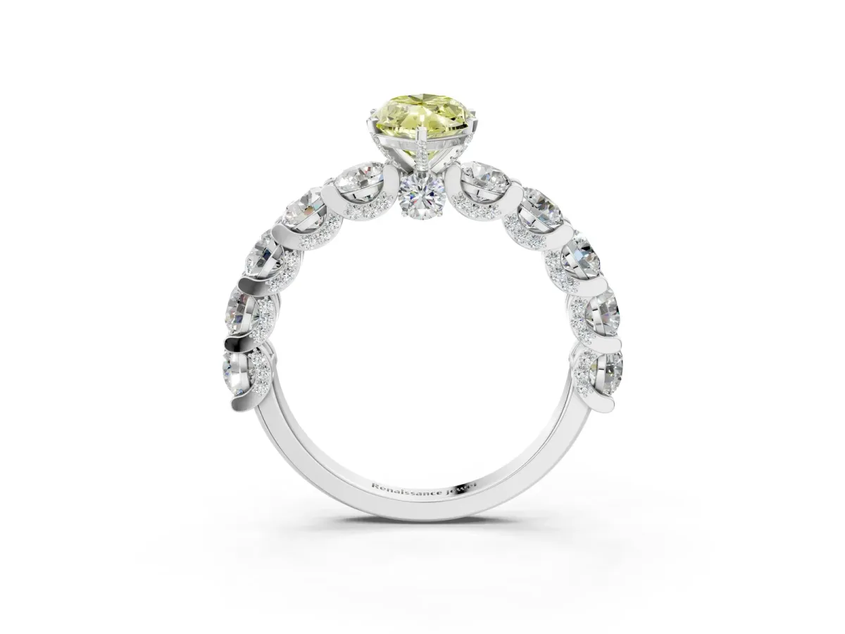 Fancy Yellow Marquise Cut Diamond Side Stone Engagement Ring with Four-Prong Setting Platinum