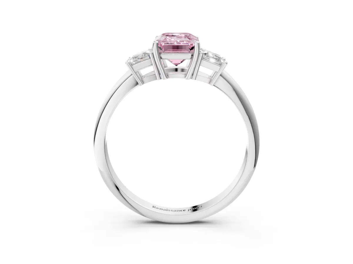 Fancy Pink Emerald Cut Diamond Three-Stone Ring with Trapezoid Side Stones and Prong Setting Platinum