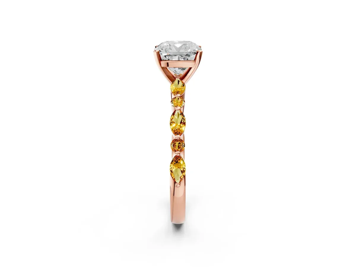 Cushion Cut Diamond Ring with Marquise and Round Citrine Side Stones and Four-Prong Setting Rose gold