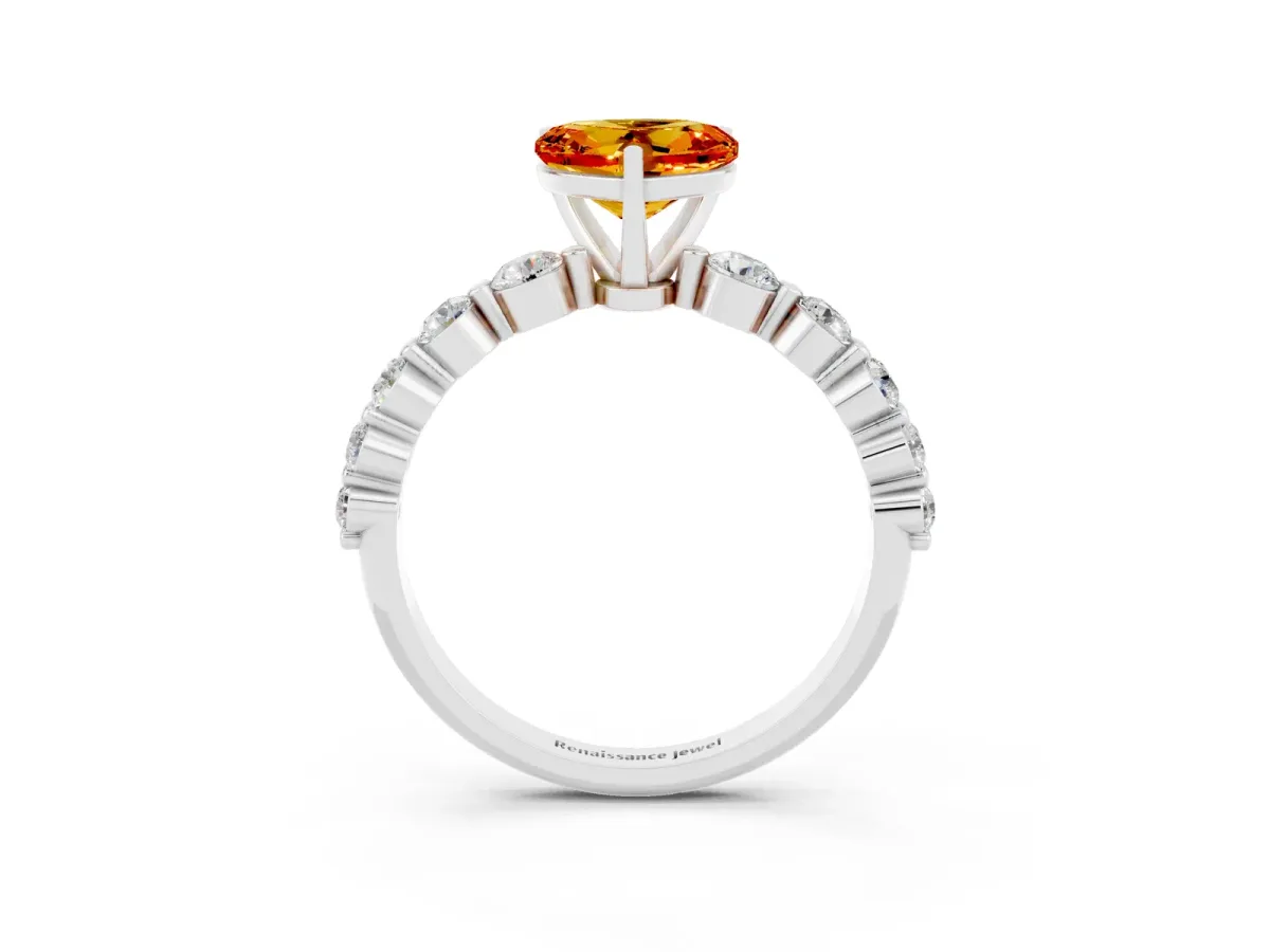 Heart Cut Solitaire Citrine Ring with Pave Band and Four-Prong Setting Silver