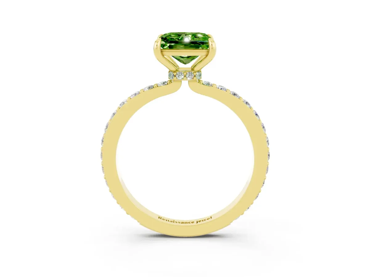 Princess Cut Peridot Solitaire Engagement Ring with Pavé Band and Four-Prong Setting Yellow gold