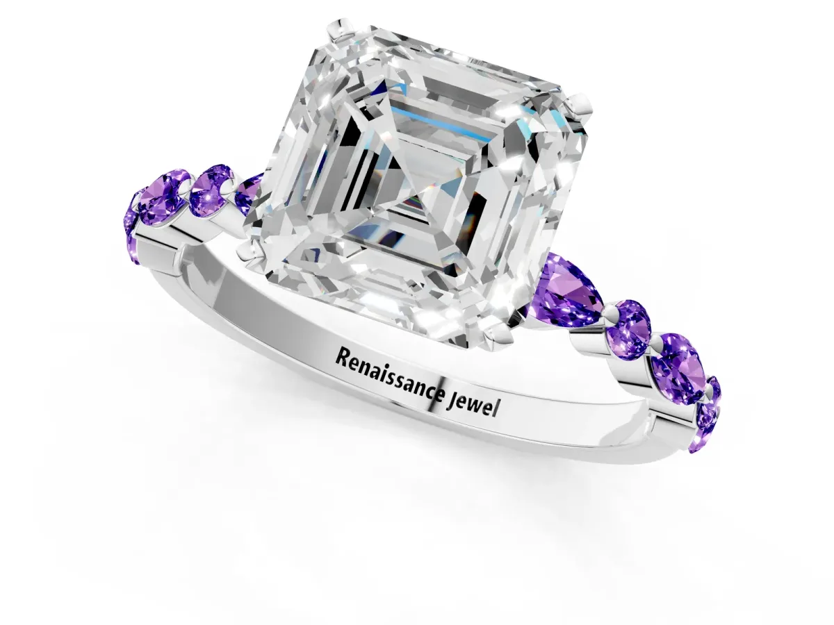 Asscher Cut Diamond Ring with Marquise and Round Tanzanite Side Stones and Four-Prong Setting White gold