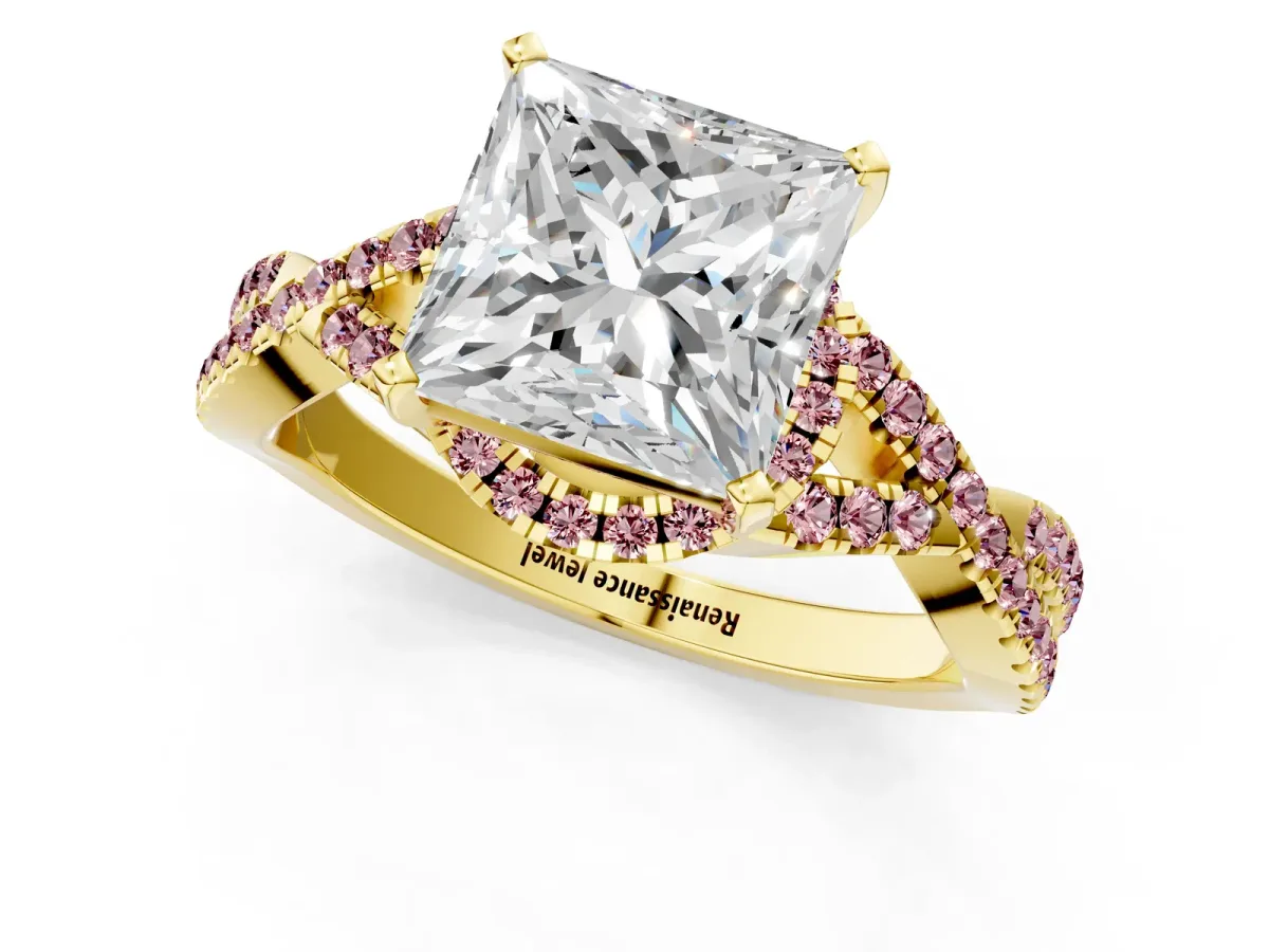 Princess Cut Diamond Morganite Halo Twist Band Solitaire Prong Setting Ring Yellow gold