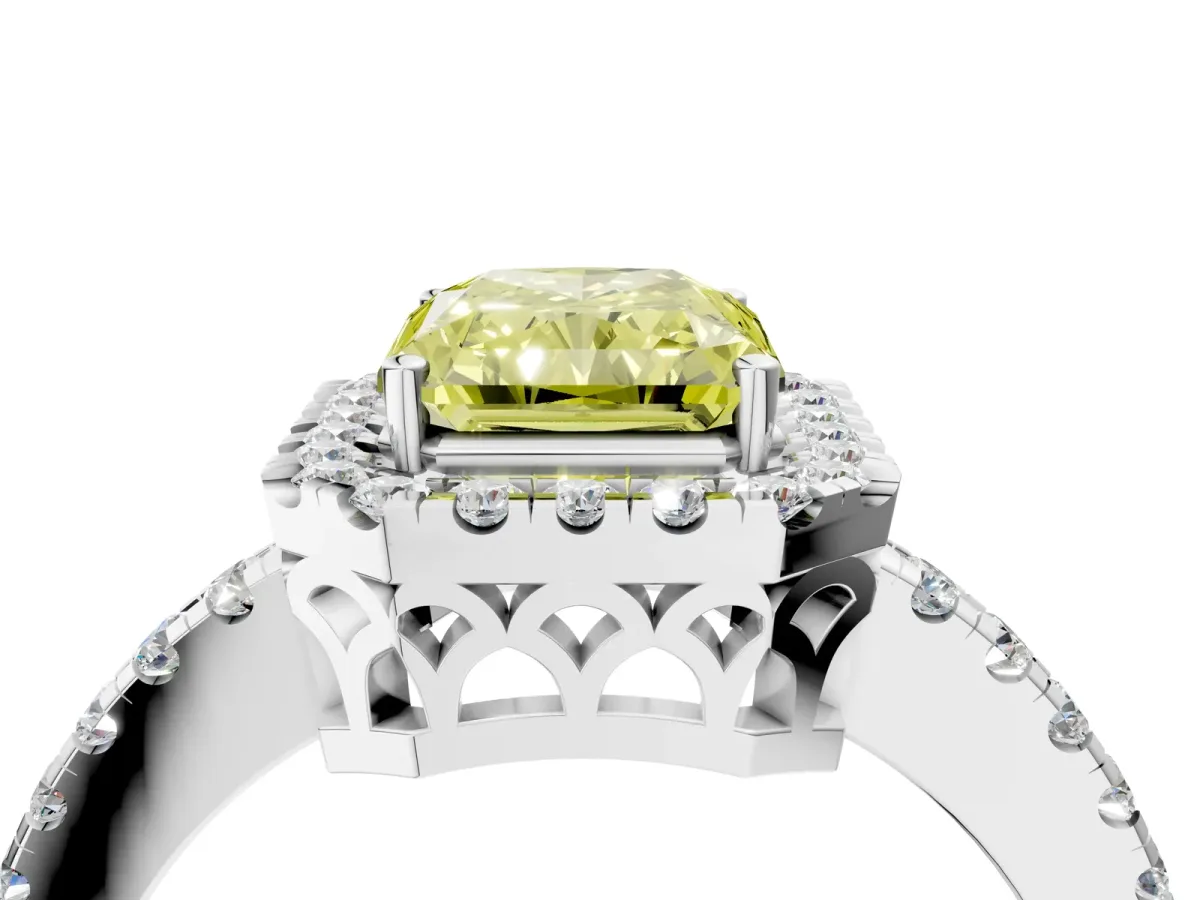 Fancy Yellow Radiant Cut Halo Diamond Engagement Ring with Pavé Band and Four-Prong Setting Platinum