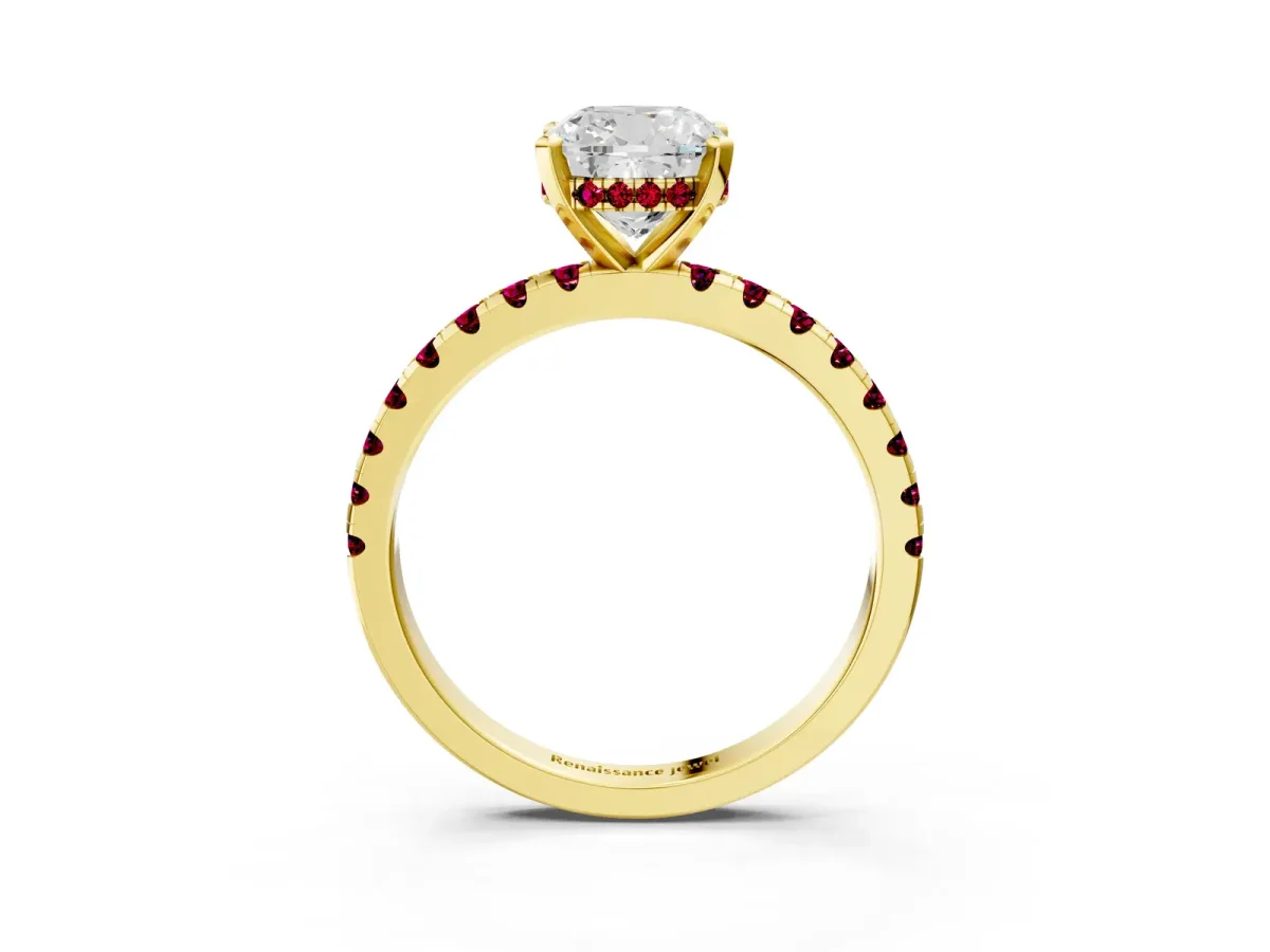 Cushion Cut Diamond Solitaire Ring with Round Garnet Pavé Band and Four-Prong Setting Yellow gold