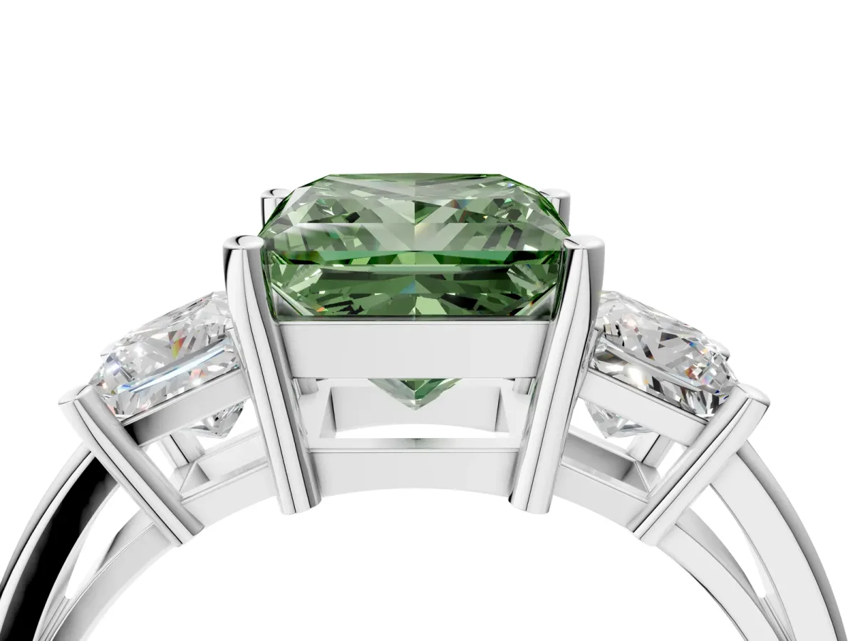 Fancy Green Three-Stone Princess Cut Cut Solitaire Ring with Prong Setting Platinum