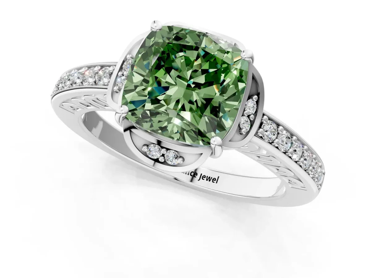 Fancy Green Cushion Cut Cut Halo Diamond Ring with Channel Set Band and Four-Prong Setting White gold