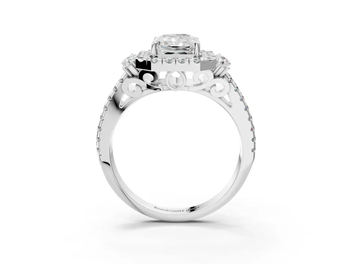 Radiant Cut Cut Double Halo Diamond Engagement Ring with Pave Band and Four-Prong Setting Platinum