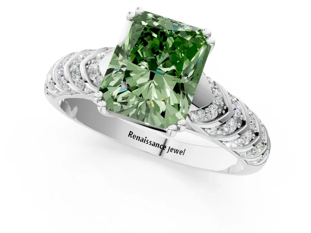 Fancy Green Radiant Cut Solitaire Chevron Pave Diamond Engagement Ring with Six-Prong Setting Platinum