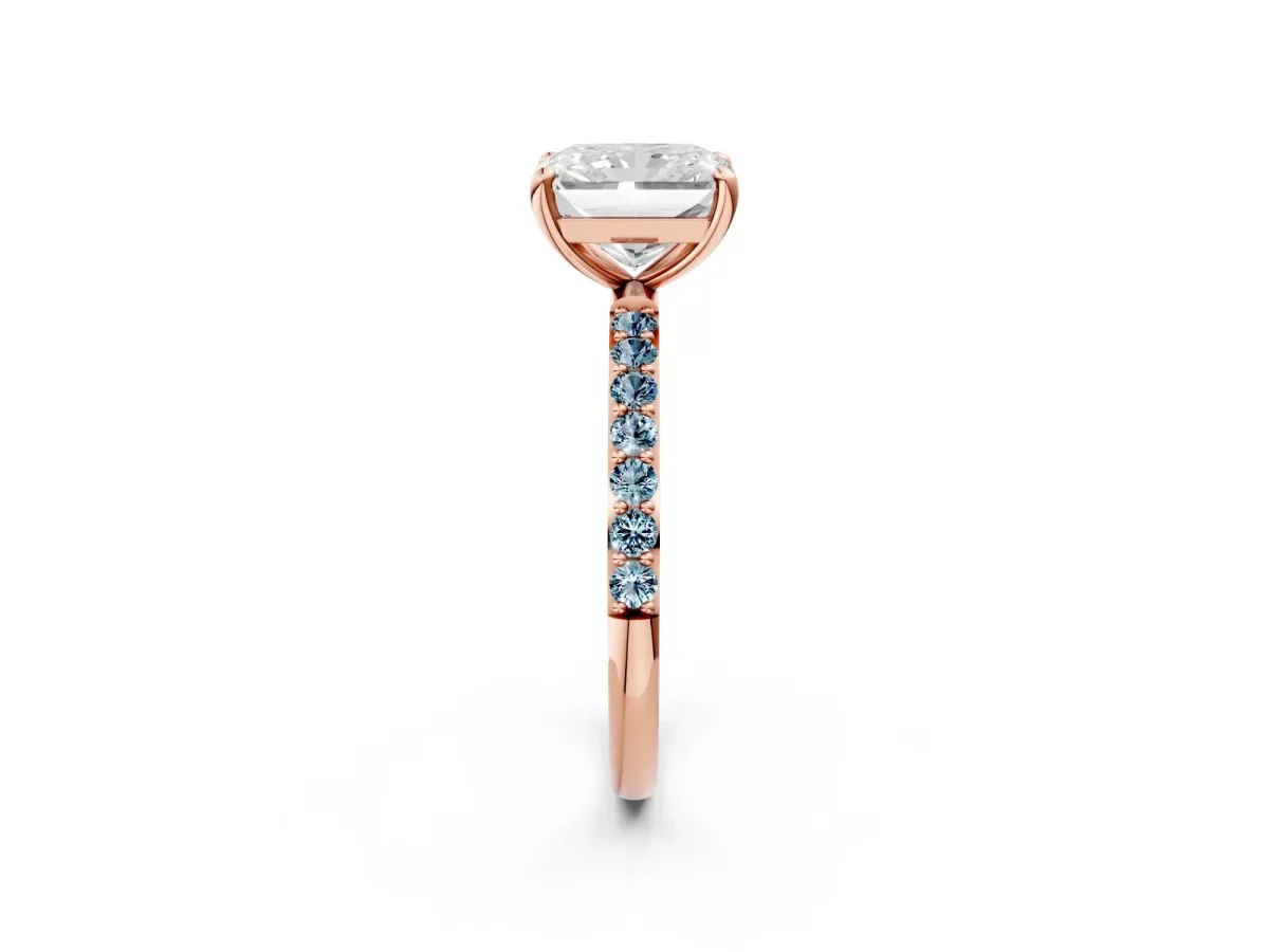 Radiant Cut Diamond Solitaire Ring with Round Aquamarine Pavé Band and Prong Setting Rose gold