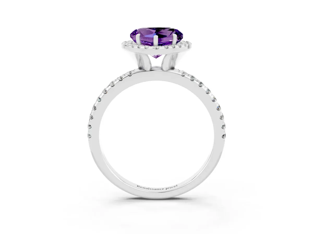 Heart Cut Amethyst Halo Engagement Ring with Round Pavé Band and Prong Setting Platinum