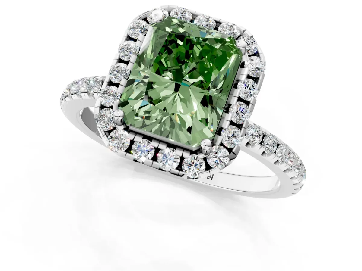 Fancy Green Radiant Cut Diamond Halo Engagement Ring with Round Pavé Band and Prong Setting Platinum